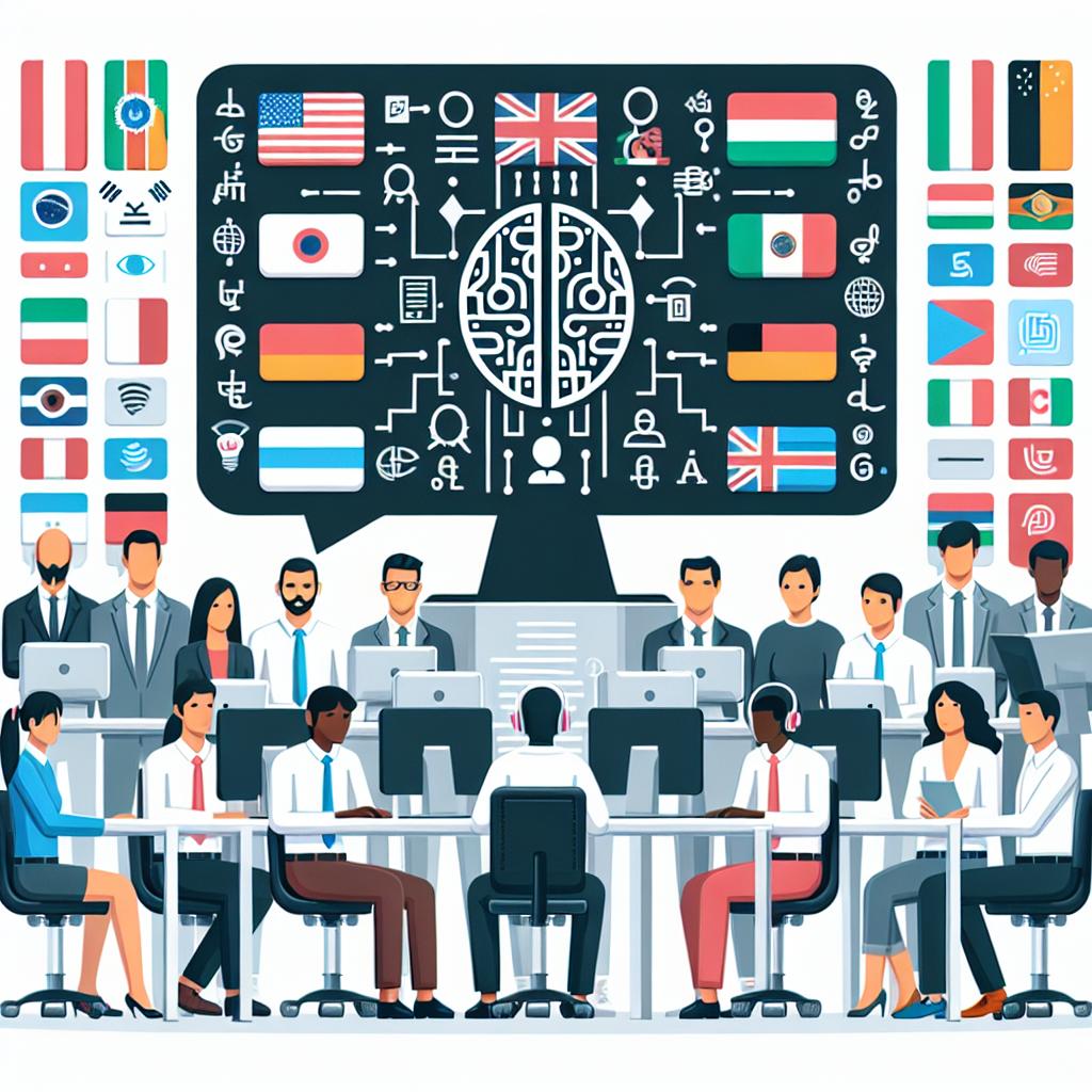 Create a 2D corporate vector-style image set against a plain, white background. The scene should depict a diverse group of individuals collaborating on an artificial intelligence project. This group should be made up of different ethnicities, including but not limited to South Asian, Hispanic, Middle-Eastern, and Black individuals, to represent linguistic diversity. Each person should be interacting with computers, symbolizing their participation in developing AI. Behind them are various symbols representing different languages, and flags from different nations, illustrating the inclusion of multiple languages in the project.