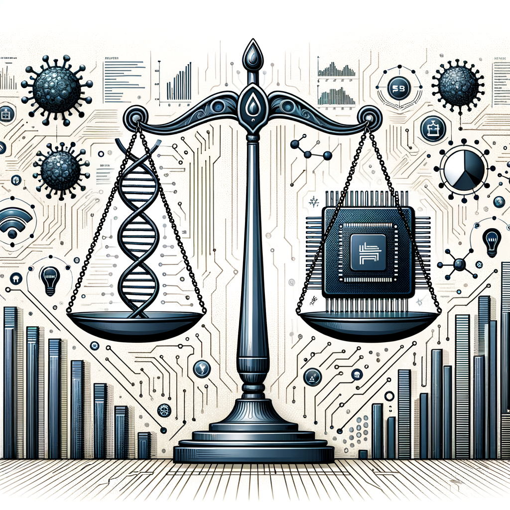 Create a 2D vector, flat, corporate-style illustration set against a white, textureless background. The image should be in a linear perspective. At the center of the illustration is a balance scale. On one side of the balance scale, there is a stylized DNA strand representing CRISPR technology. On the other side, there is a computer chip that symbolizes artificial intelligence. In the background, there are growth charts to mark innovation potential, along with various technology icons denoting technological progress. The image is meant to represent the battle between biotech and AI.