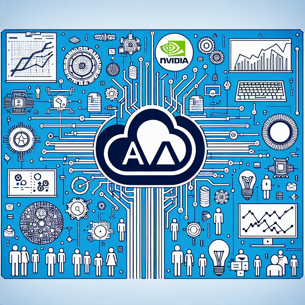 Create a vector-style, flat, corporate image within a 2D, linear perspective. The setting centers on the conceptual synergistic collaboration between Microsoft Azure and NVIDIA technology on a white, untextured background. Your illustration should include a digital backdrop symbolizing technology and innovation. While a central theme is the emphasis on Azure and NVIDIA's partnership, avoid using their specific logos, but creatively include symbolic icons that represent both companies' identities. Add elements that represent advanced computing, like circuitry and performance graphs to illustrate the performance improvements. Lastly, incorporate humans of varying gender and descent interacting with the technology to personify the innovation.