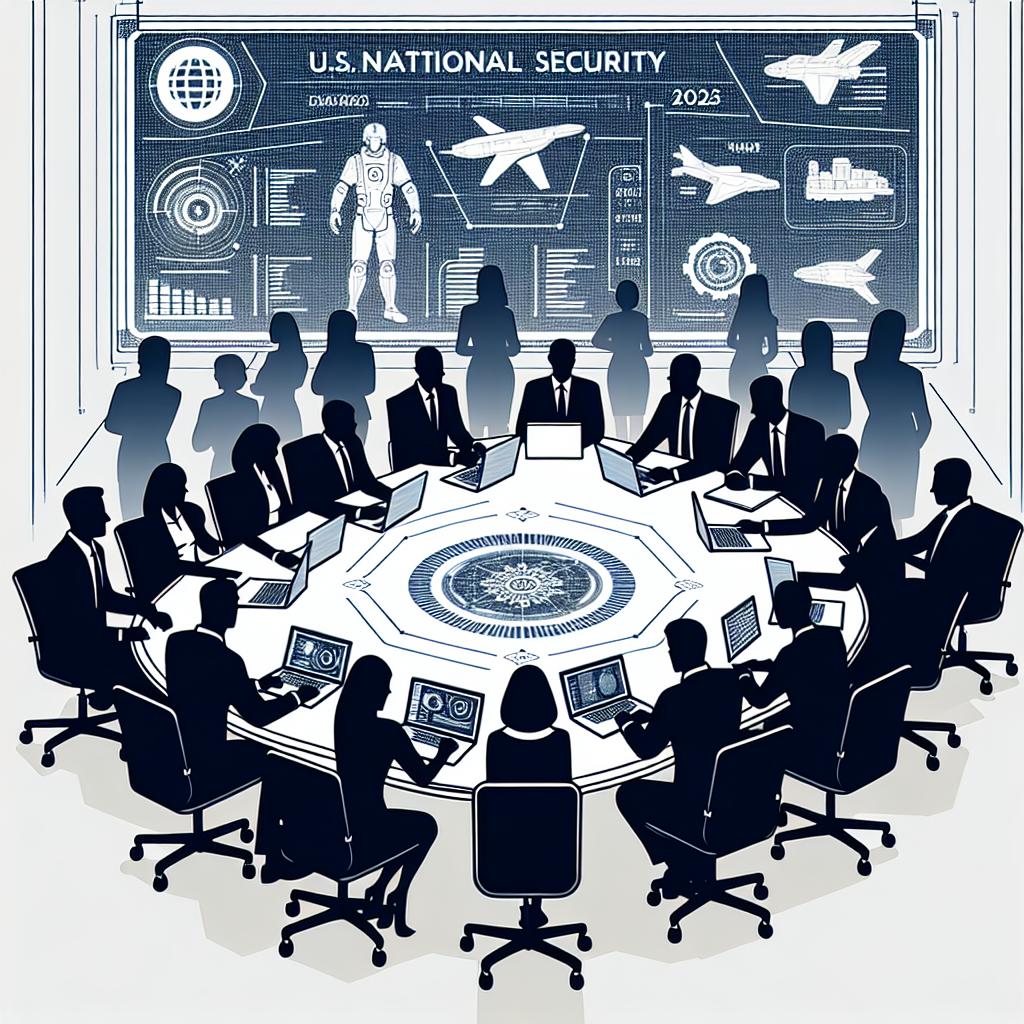 A vector-styled, flat, and corporate 2D linear image depicts a team meeting scene for Scale AI in Missouri during 2025. The image is set against a white, textureless background. Diverse men and women are seen in a collaborative work environment, engaging in meaningful dialogue about AI technologies. The table holds defense materials denoting the discussion on national security. Also present is a computer screen displaying complex data graphics, symbolizing the use of advanced AI technology. The image signifies the company's strategic commitment to U.S national security, amidst rising global strategic rivalries.