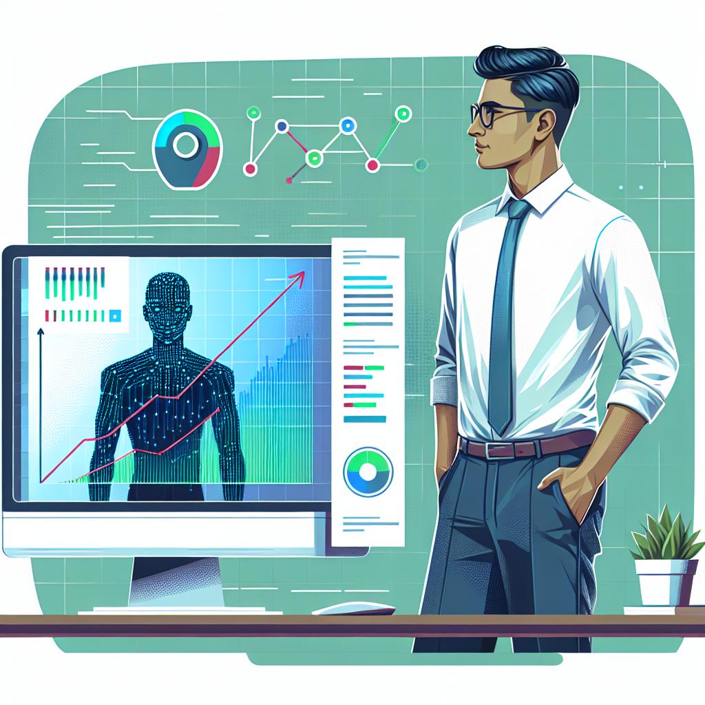 Create a 2D, linear perspective image in the style of a corporate and flat vectorial graphic. The main scene depicts a South Asian male software engineer standing in front of a monitor, symbolizing the innovation represented by an AI company and its high performing model. The background is white and textureless. It features performance charts that illustrate the competitiveness of the AI model in comparison to others. Primary colors used should be shades of blue and green, conveying technology and trust. This image embodies the spirit of innovative tech companies and the advancements in AI.