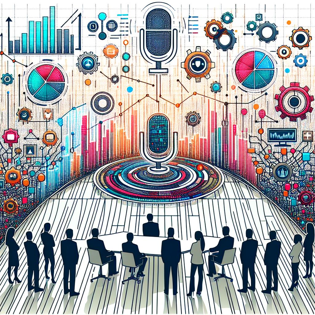 Picture a corporate-style vector image set against a flat, white and untextured background. The view is 2D in a linear perspective, capturing an illustrative portrayal of Speech AI technology integration within business operations symbolizing innovation and efficiency. It contains technology icons, depicting the modernization of business interactions. Graph representations are scattered across the scene, indicative of data analysis and insights. Figures of people from various descents - Caucasian, Hispanic, Black, Middle-Eastern, South Asian, White - indicative of genders are seen interacting, portraying the connection between technology and humans. Vibrant colors are used throughout the image to convey dynamism and innovation in the sector. Additionally, the background integrates digital elements representing the contemporary digital environment.