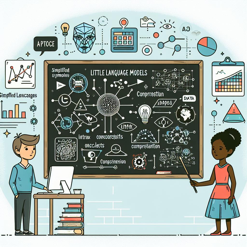Create an image in a flat, corporate, vector style set in a 2D linear perspective. The image should depict a Caucasian boy and a black girl in an educational environment, surrounded by visual elements that represent creativity and learning. They are using AI technology to interact with simplified language models as part of the 'Little Language Models' project developed by two researchers. This interaction is represented by data symbols, graphs denoting complex concepts comprehension, and project representations. The background of the image should be textureless and white. Also visible is a chalkboard, symbolizing the school setting.