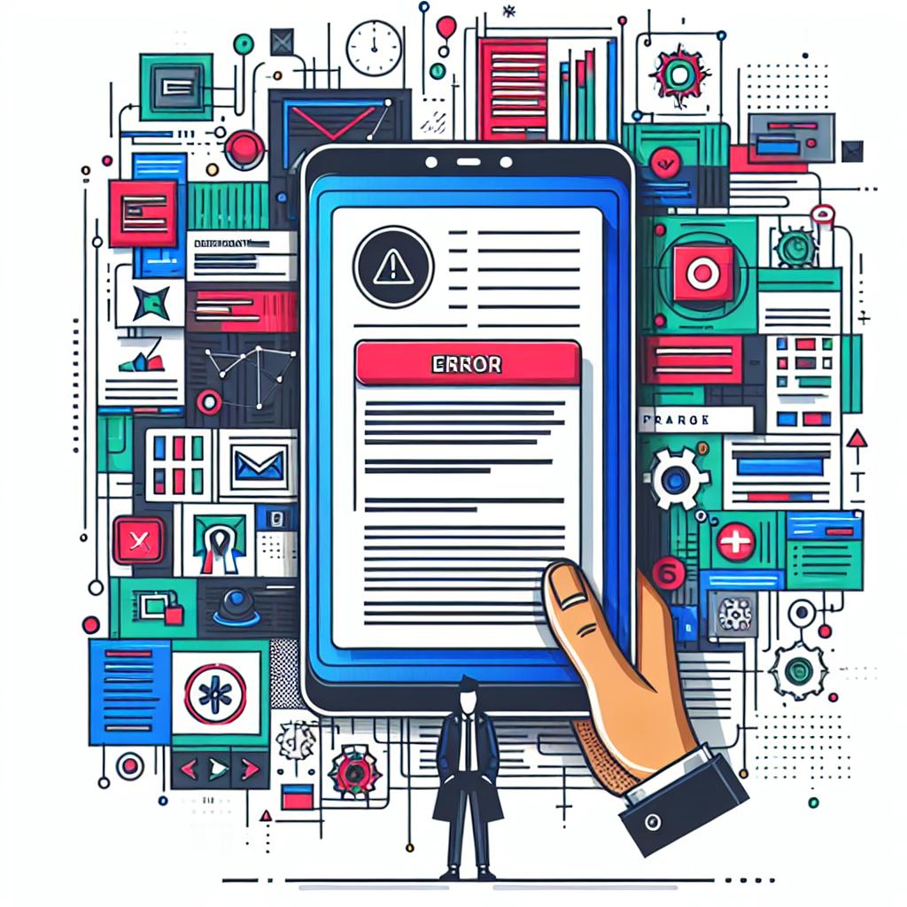 Generate an image in a flat, vector-based, corporative style that depicts an application interface error on a client's side. The image should be in 2D with linear perspective against a white and textureless background. Highlight the complexity of digital systems by showing an illustrative app interface with a visible error alert. Make sure to use vibrant colors to draw attention to the issue. Other additional elements include an error alert to symbolize user interface flaws, and an app screen which denotes the user's experience.