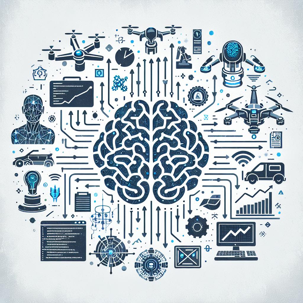 Create a 2D, futuristic and corporate flat vector illustration on a white, texture-less background. The image should intuitively represent the revolution of artificial intelligence (AI) across several industries such as healthcare, finance, and transportation. Central to this depiction should be a human brain, symbolizing the simulation of intelligence by AI. To demonstrate the practical applications of AI, incorporate elements like robots and drones carrying out tasks, and interconnected arrows symbolizing the integration of AI across different fields. Include coding scripts to represent the technological foundation of AI, and growth charts to indicate the impact of AI on industries.