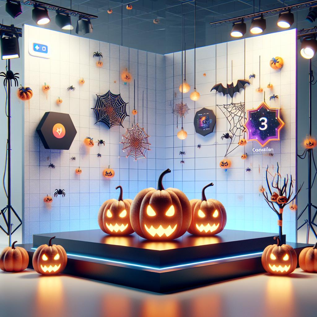 Create a 2D, linear perspective image in a corporate, vectorial and flat design style. The scene should depict the stage of an AI video generation platform, Pika, showcasing its three new Halloween themed effects. Emphasize a festive Halloween atmosphere with elements such as brightly colored pumpkins and spider webs against a clean, white and textureless background. The pumpkins symbolize the Halloween season, drawing the viewer's attention, while the spider webs add an element of mystery. The overall picture should be dominated by a glow and vibrant colors to highlight the digital creation and attract young creators. Furthermore, include festive characters to connect with a wider and diversified audience.