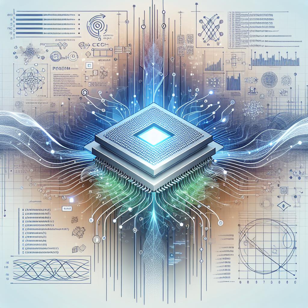 2D linear perspective illustration in a vectorial, flat and corporate visual style. On a no-texture white background, imagine a quantum processor symbolizing advancements in quantum technology. Around it, digital elements, representations of flowing data, and codes and algorithms are depicted to represent artificial intelligence programming. Quantum hues, variations of blue and green, are used throughout to symbolize technology and innovation. Depictions of performance charts and graphs illustrate the scalability and efficiency of the models.