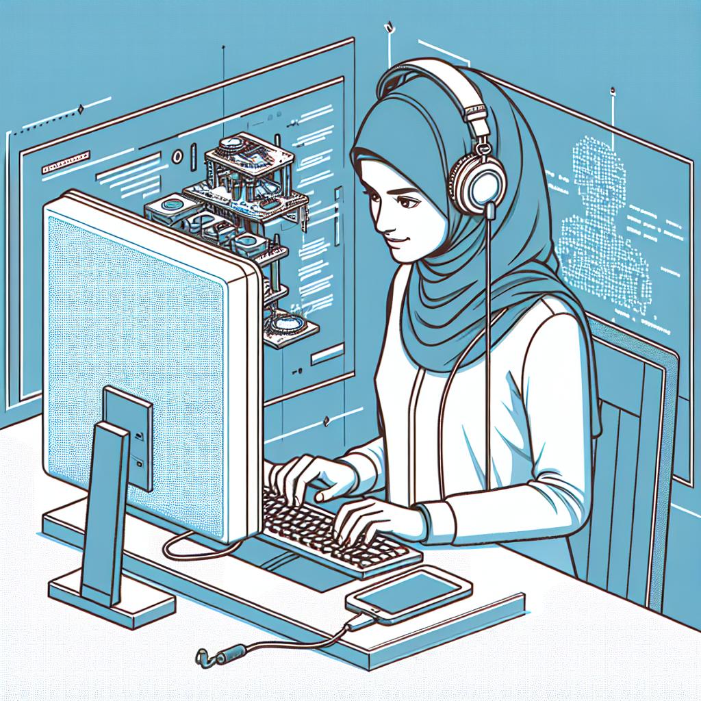 Create a 2D, linear perspective image in flat, corporate vectorial style of a young Middle-Eastern woman working on a software system while wearing headphones. The image should symbolize the intersection between technology and education. She is immersed in a modern digital workspace, highlighting modernity and transformation in work. A computer, which is the central tool for software development, should be prominently featured in the scene. The background is plain and white, void of any texture. Ensuring diversity in the image is important to represent inclusion in technology.
