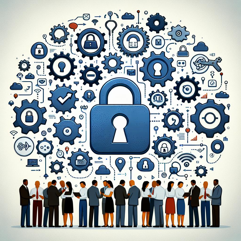 Picture a 2D, flat vector style, corporate-themed illustration which signifies the struggle between content creators and AI platforms for the recognition of intellectual work in the digital era. Set against a white, textureless background, it features a series of symbols. Locks symbolize copyright and the protection of content. Gears represent the interconnection between technology and the economy. A group of people of diverse genders and ethnic backgrounds are engaged in a discussion, representing the need for dialogue between creators and platforms. Arrows indicate the flow of information on the network and the dynamics of search.
