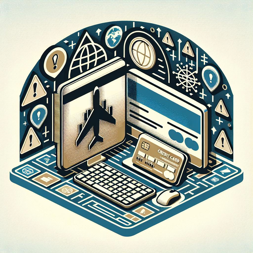 Craft a 2D vector-style, corporate aesthetic flat image on a white, textureless background. The central focus is a composite representing travel frauds, where digital technology plays a vital role. Depict a computer and a credit card, symbolizing the intricate technology involved with the scams and the financial risk to travelers. To create a cautionary ambiance, blend in a dark background representing the lurking dangers. Further emphasizing the need for vigilant care, embellish the scene with warning symbols.