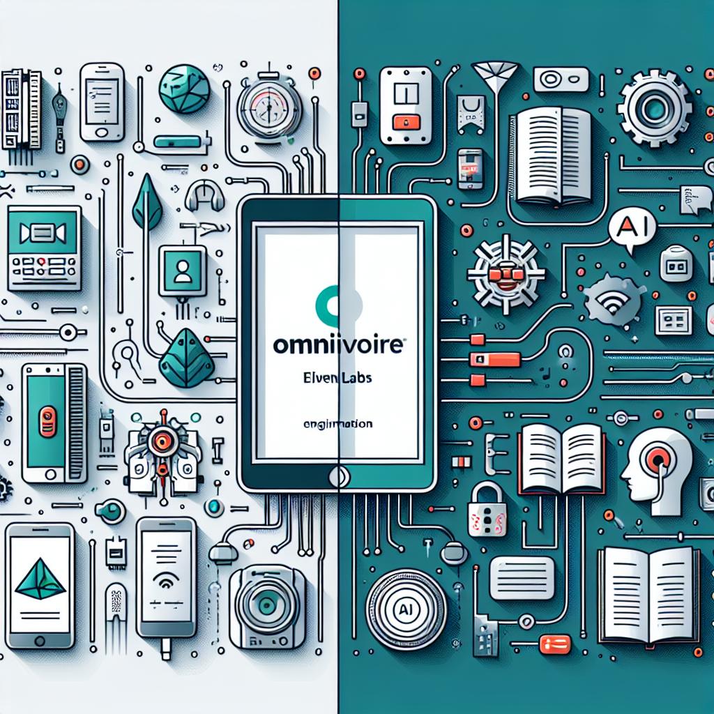 Create an image in a 2D, linear perspective embodying the technological integration between Omnivore, a popular reading app, and ElevenLabs. Divide the background into two halves - one half representing digital reading elements like e-books or mobile devices and the other half symbolizing AI technology with elements such as electronic circuits or digital voice illustrations. The style is vector, flat, and corporate on a white, untextured background. Additional elements to include are mobile devices signifying anywhere-reading accessibility, electronic circuits symbolizing advanced AI technology, digital books illustrating reading and content access focus, and a digital voice representing narration and content interaction.