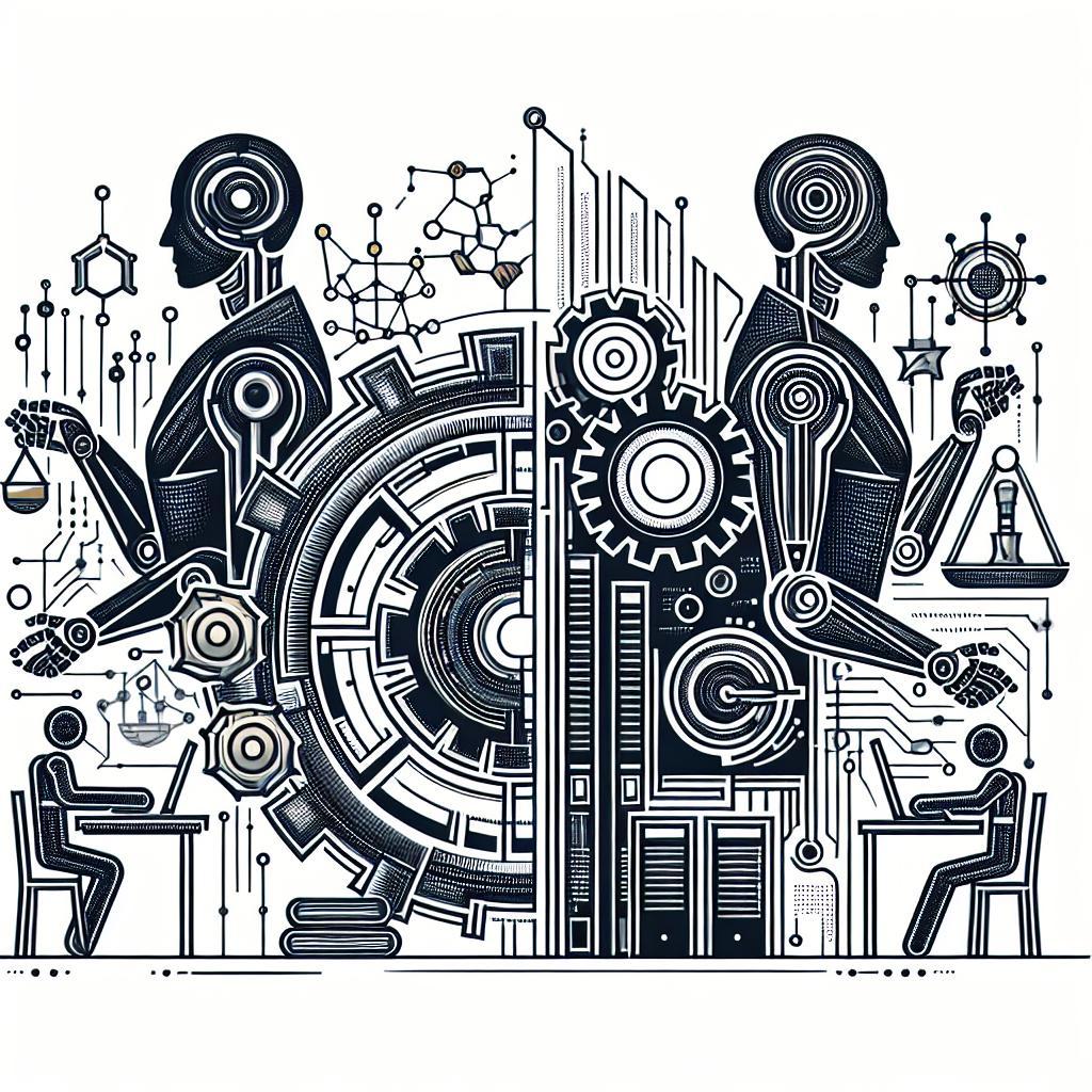 Create an image depicting the innovative partnership between two corporations, symbolizing their venture into integrating generative artificial intelligence solutions into the legal industry. The style is 2D, line-based, and corporate, resembling vector illustrations, but set against a plain, white background. At its core, the illustration should display elements of artificial intelligence, such as futuristic robotic shapes and lines, pointing to technology's integration into the legal field. Alongside, incorporate the company logos to highlight their partnership, standing out prominently. Finally, weave in a modern office theme to indicate the industry's transformation.