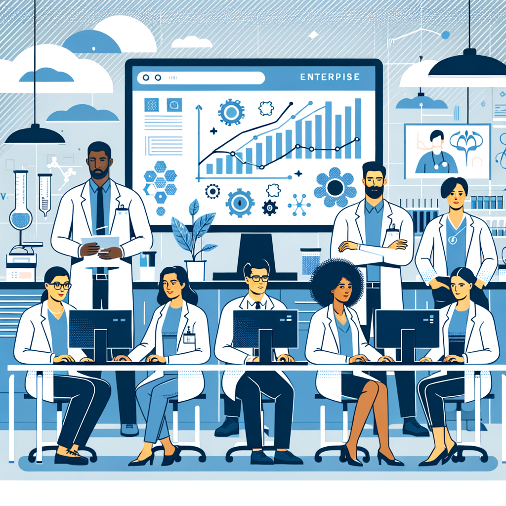 Create an image in a vector-based, flat, corporate style featuring an illustration of a diverse group of scientists and healthcare professionals. They are of different descents such as South Asian, Hispanic, Black, Caucasian, engaging with computers that display the ChatGPT Enterprise interface. They are surrounded by scientific graphs and data, illustrating the analysis and interpretation of these elements. They are located inside a modern laboratory, signifying the integration of AI into daily operations. The color palette comprises shades of blue and white, symbolizing technology and health. The background is plain white without any texture. The illustration is done in a 2D linear perspective.