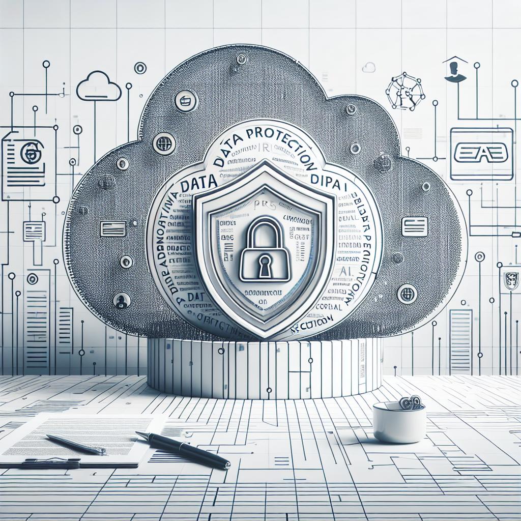 Create an image in a 2D, linear perspective with a corporate, vectorial, and flat style on a white, textureless background. The main focus of the image should be data protection icons and a modified variation of a logo belonging to a fictional Chinese AI startup. The data protection icons represent the importance of personal information security, and the modified logo acknowledges the company at the heart of a data privacy controversy. A technological background symbolizes the digital environment where this issue unfolds.