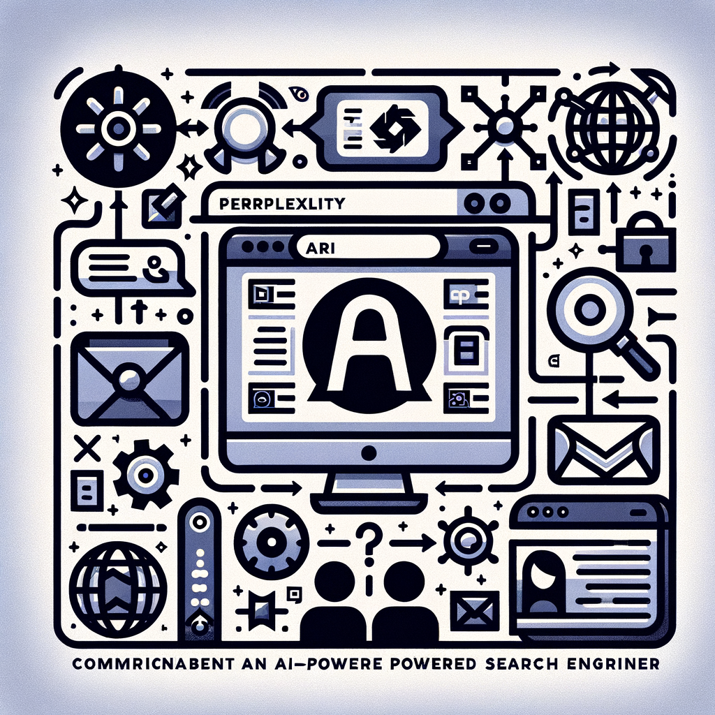 Create a 2D, linear vector-style corporate image reflecting communication between Perplexity, an AI-powered search engine, and Arc Browser. The image should show logos symbolic of Perplexity and Arc Browser indicating the integration of the two platforms. Include an interface of the Arc Browser which has Perplexity integrated as its default search engine. Also include an AI icon to symbolize the AI-powered search technology, and a diverse individual browsing to represent the enhanced user experience. Adopt a minimalist color palette that represents the clean and efficient interface of the Arc Browser. The background should be plain white without any texture.