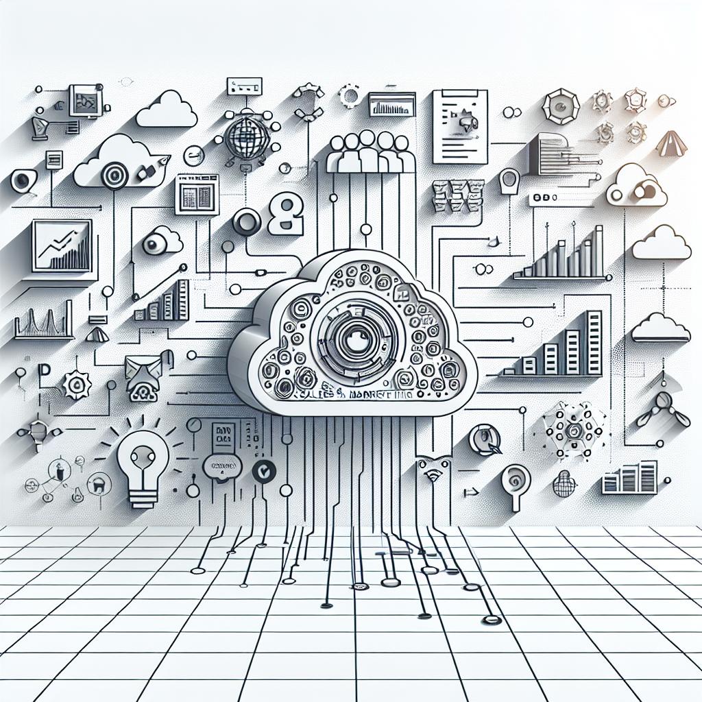 Create a 2D, linear perspective image in a vector, flat, and corporate style. Feature a white, textureless background. The image should illustrate the integration between the sales and marketing platform HighLevel and Firestore, with emphasis on its impact on marketing operations and artificial intelligence initiatives. Include visual elements that symbolize growth and technological innovation - like growth charts to show the platform's scalability, AI icons to represent artificial intelligence functionalities, and clouds to symbolize cloud solutions and serverless architecture.