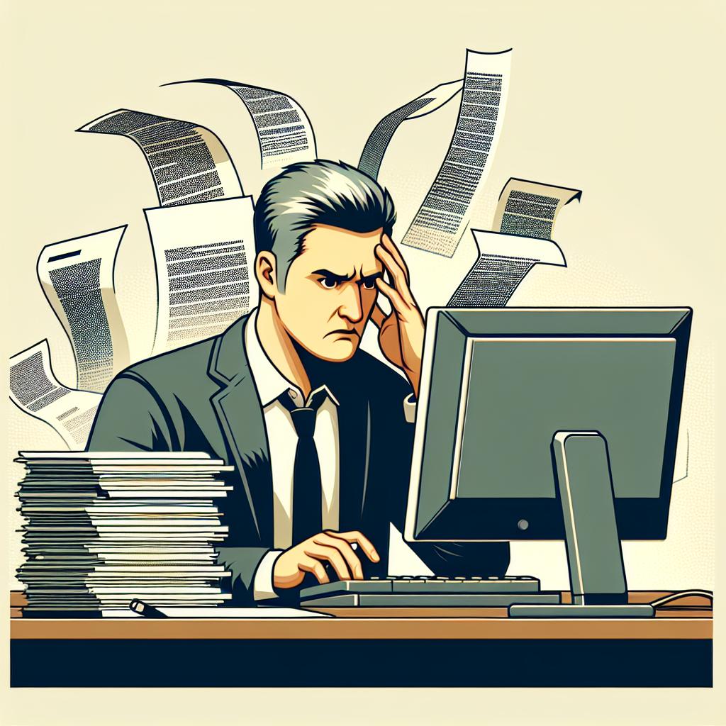 Create a 2D vector-styled image with a corporate feel. A user in a professional office environment is pictured in front of a computer, symbolizing their work tool. The user's frustration is emphasized through their expression, mirroring the emotional impact of inefficiency. Around the user, a disarray of documents represents the challenges associated with editing texts generated by language models like GPT and Claude. The picture should maintain a clean and minimalist feel by using a plain, untextured white background.