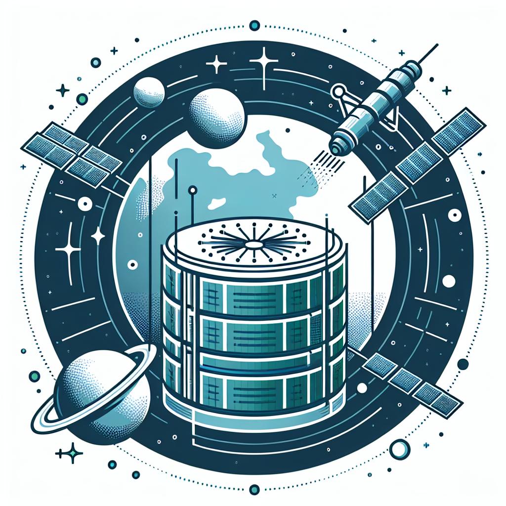 Create a 2D, vector-style image in a corporate flat design, set against a white, texture-less background. Depict an orbital data center in the forefront. To symbolize the transition of technology to space, include symbols of Earth and satellites orbiting around. Earth should be illustrated as the point of origin for data, while the Moon signifies the new horizon for data storage. The satellites should illustrate the new communication infrastructure. Incorporate shades of blues and greens to represent technology and sustainability.