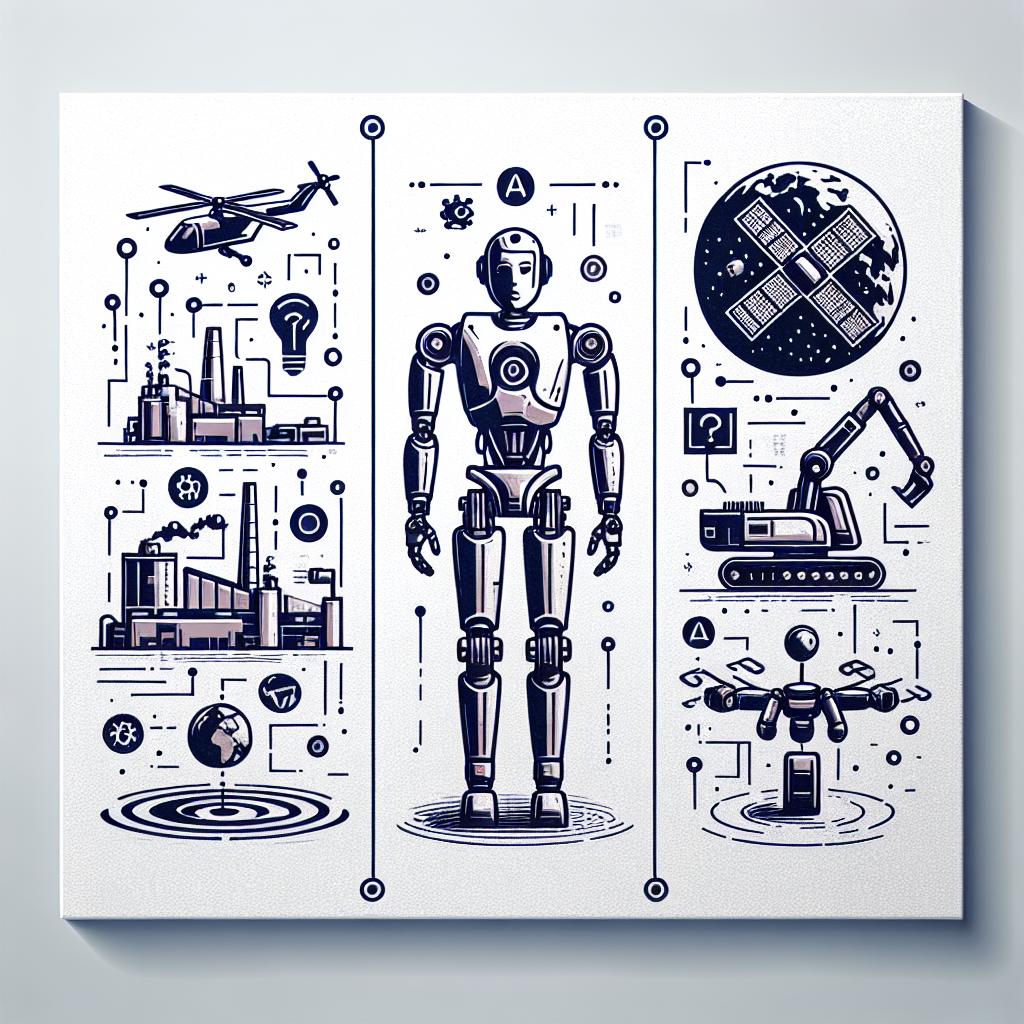 Imagine a 2D vector image in a corporate, flat style set on a blank, textureless white background. It embodies the future of robotics in the year 2024, a milestone year with significant innovations. Three main components represent different aspects of robotics. First, a humanoid robot, symbolizing the new generation of personal assistants, perhaps interacting with a smart home system. Second, there are industrial robots embodying factory automation, possibly seen in the midst of a mass production line. Lastly, a Mars helicopter is depicted, representing space exploration via robotics. All these elements are marked by symbols or graphics of AI, indicating the intersection of AI technologies and robotics.