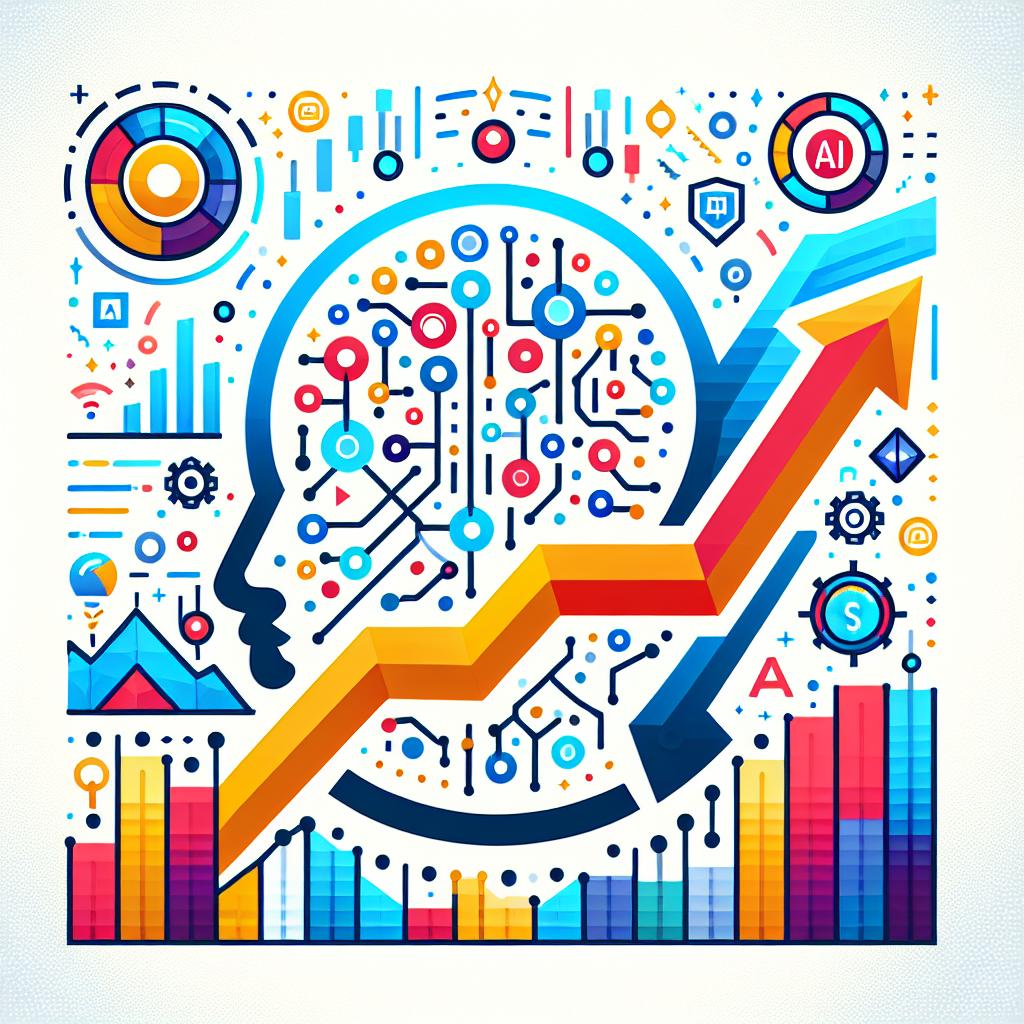 Create a vector flat corporate-style 2D image with a white, texture-less background. The illustration should be representative of technology and artificial intelligence innovation, complete with visual elements that symbolize growth and investment. Include streamlined, ascending, vibrant colored charts to symbolize stock growth. Incorporate AI icons to represent the focus on AI. Use bright and vibrant colors throughout the image to convey a sense of innovation and optimism.