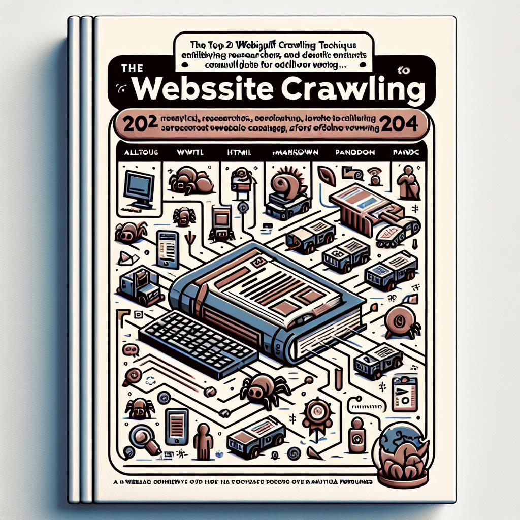 Create an image of a book cover for a Guide to Website Crawling, commemorating its publication on November 24, 2024. The concept should convey the top 20 website crawling techniques enabling researchers, developers, and enthusiasts to save website content in multiple formats like HTML, Markdown, and JSON for offline viewing. The main components should be a detailed illustration representing the process of website crawling, individual icons of various tools such as Wget, HTTrack, and Pandoc, and an image of a web browser showing a webpage being downloaded. Render the visual style in a 2D, linear perspective but giving a corporate feeling with clean lines and a flat design. The background should be simple, plain, and white with no textures. Integrate additional elements like tool icons representing different crawling options, an image of a web browser symbolizing downloading activity, a network grid in the background to indicate web connection and data storage, and download arrows showing the movement of information to local storage.