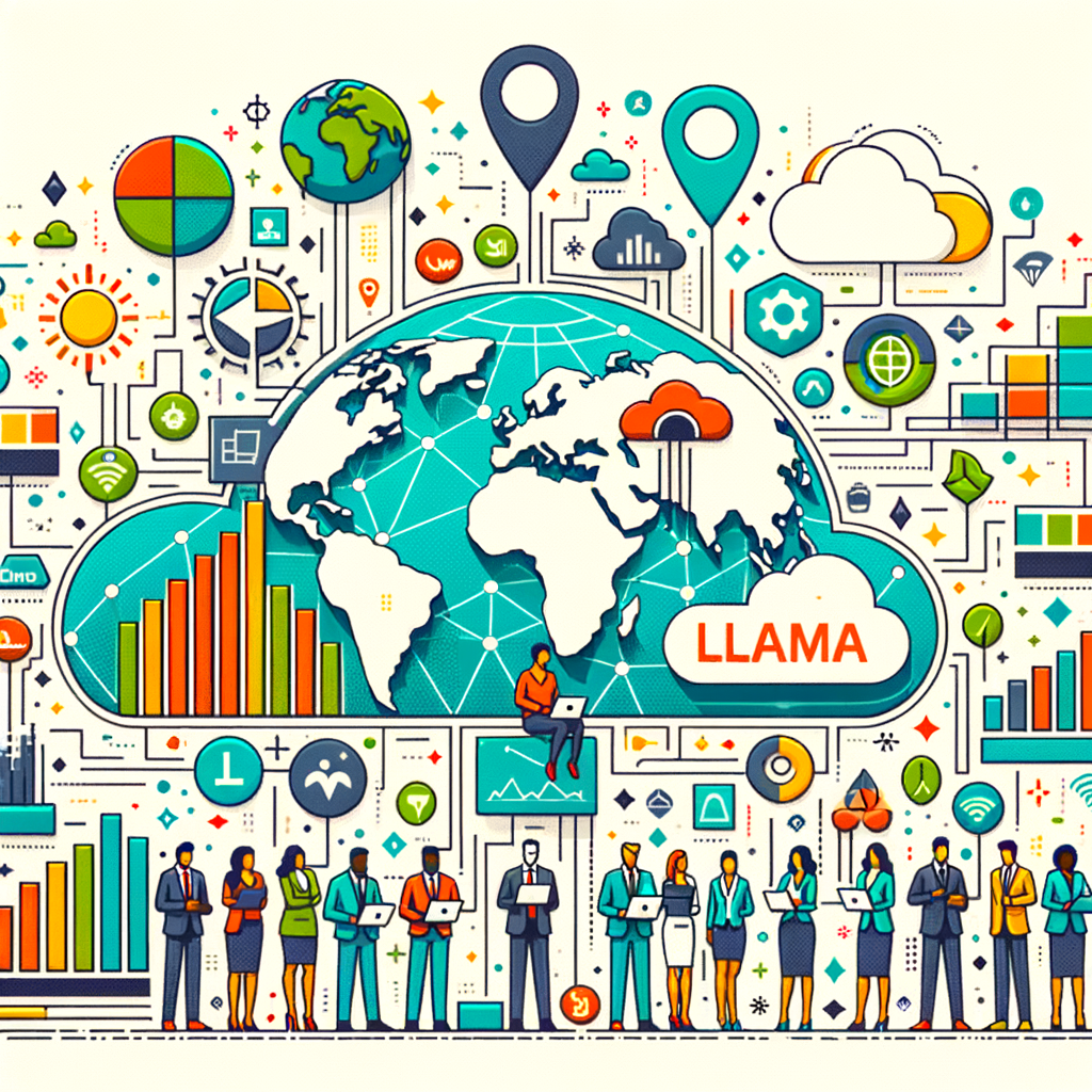 Create a 2D, linear, corporate, flat, and vector-style illustration, on a background that is white and textureless. Include the following elements: the logo of Llama, portraying the brand and the article's focus, a growth chart illustrating the exponential increase in downloads, cloud provider icons implying partnerships with AWS, Azure, and Google Cloud. Also incorporate an image of diverse developers, including men and women of Caucasian, Hispanic, Black, Middle-Eastern, South Asian descents working to symbolize the active community and innovation. Lastly, include a connected world indicating the global impact and diversity of Llama model usage.