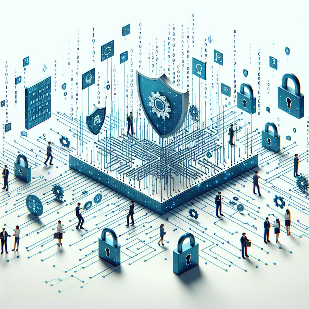 Create a flat, corporate style image in a two-dimensional, linear perspective. The picture is set against a clean, textureless white background. It portrays a digital environment filled with elements symbolizing cybersecurity, as protection against abuses of artificial intelligence. Featured prominently is a digital shield, symbolizing protection and safety. Binary codes waft around, representing the field of technology and data. Show some humans, of varying descents and genders, cooperating in ensuring security, illustrating teamwork in this field. Also intersperse elements of padlocks and keys, classic tokens of security.