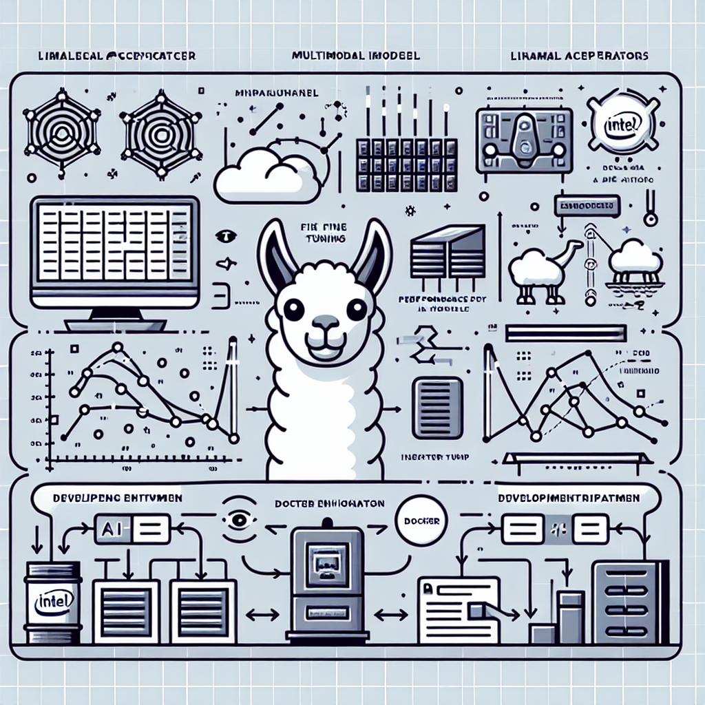 Create a 2D, linear perspective vector style image that conveys the concept of fine-tuning the multimodal model Llama-3.2. It should be corporate in tone and have a flat, textureless white background. In the foreground, emphasize Intel accelerators, a Docker environment, and data flow between image and text. Include representations of the model's performance before and after fine-tuning as graphs, images of the development environment to highlight Docker setup, AI icons to signify the use of artificial intelligence, logos that do not directly reveal but are suggestive of Intel and an AI organization, and a flowchart illustrating the fine-tuning process and its steps.