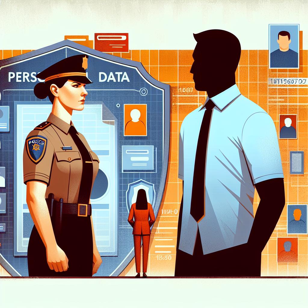 Create a 2D, flat vector illustration in corporate style that lays emphasis on the disparity in data protection among authorities and ordinary citizens. View this scene on a texture-less, white background. Put a focus on two elements: a Caucasian female police officer, signifying the privileged protection offered by the system, and an Asian male ordinary citizen, symbolising the vulnerability of the general population. Both figures should be visually confronting an enormous personal data wall, a striking element highlighting the collection and use of personal information. Incorporate warm colours into the composition to underline the urgency of the matter.