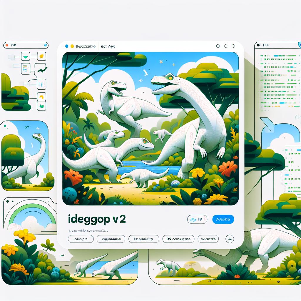 Create a corporate, flat, and vector style image in 2D and linear perspective. The scene should depict a white, textureless background showcasing a dynamic illustration of various dinosaurs in a lush green landscape, representing the versatility of Ideogram v2, a newly released inpainting model. Additionally, an accessible UI (user interface) should be included, subtly hinting at easy IDE accessibility. To emphasize its API integration, incorporate the image with faintly visible code in the background