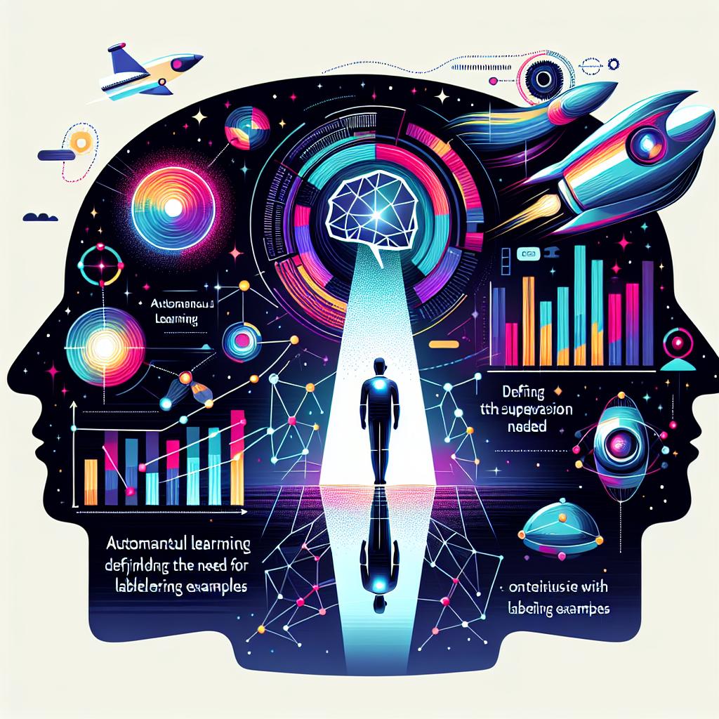 Create a conceptual 2D, corporate-style, flat vector image on a plain white background. It features the interaction between artificial intelligence (AI) models, visually represented with vibrant, attention-grabbing colors. Incorporate graphical data and charts that show the increasing effectiveness and growth of autonomous learning, defying the need for labeled examples. An AI model is exploring and learning, contending with the notion that supervision is always needed. Add a starry sky, illustrating innovation and endless possibilities. Also, include the silhouette of a reflective human interconnecting with technology, emphasizing the bond between humans and AI.