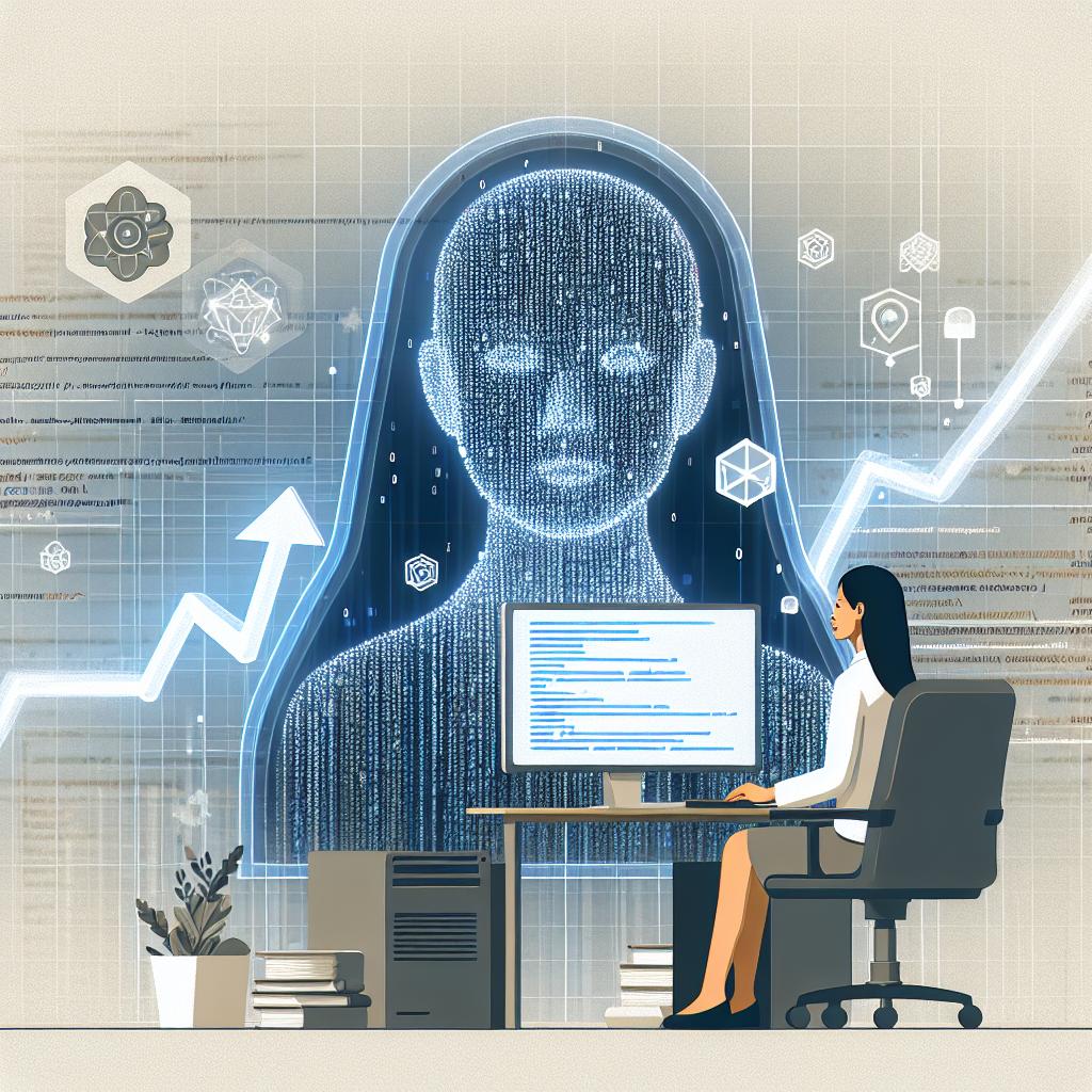 Create a detailed 2D flat, corporate style vector image on a texture-less white background. The central figure is a South Asian female developer sitting in front of a computer screen filled with programming codes. Elements representing artificial intelligence, possibly in the form of floating holographic icons, are scattered around the developer. The overall scene is set in a modern workspace suggesting innovation, with growth charts subtly integrated into the background to convey the potential market impact of a new API. To complete the image, a soft light is illuminating the scene, creating an inspiring and futuristic atmosphere.