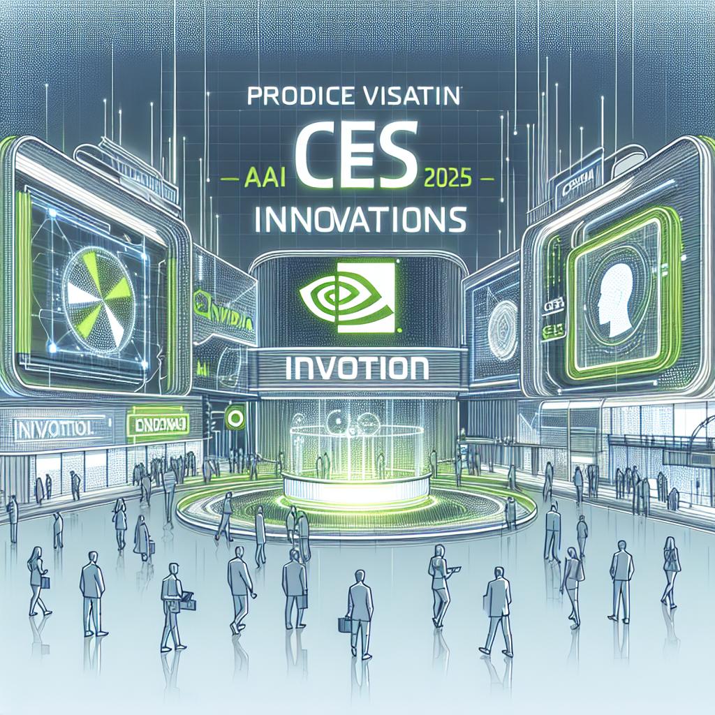 Produce an image that depicts a futuristic vision of the CES 2025 event highlighting NVIDIA AI innovations. The image should be in a flat, corporate, vector style, and predominantly in 2D linear perspective. The backdrop should be white and texture-less. Key elements to be included are neon lights to communicate the concept of innovation and the future, modern technological devices to illustrate the innovations being presented, and individuals of different genders and descents actively interacting with this technology, thereby demonstrating its practical application.