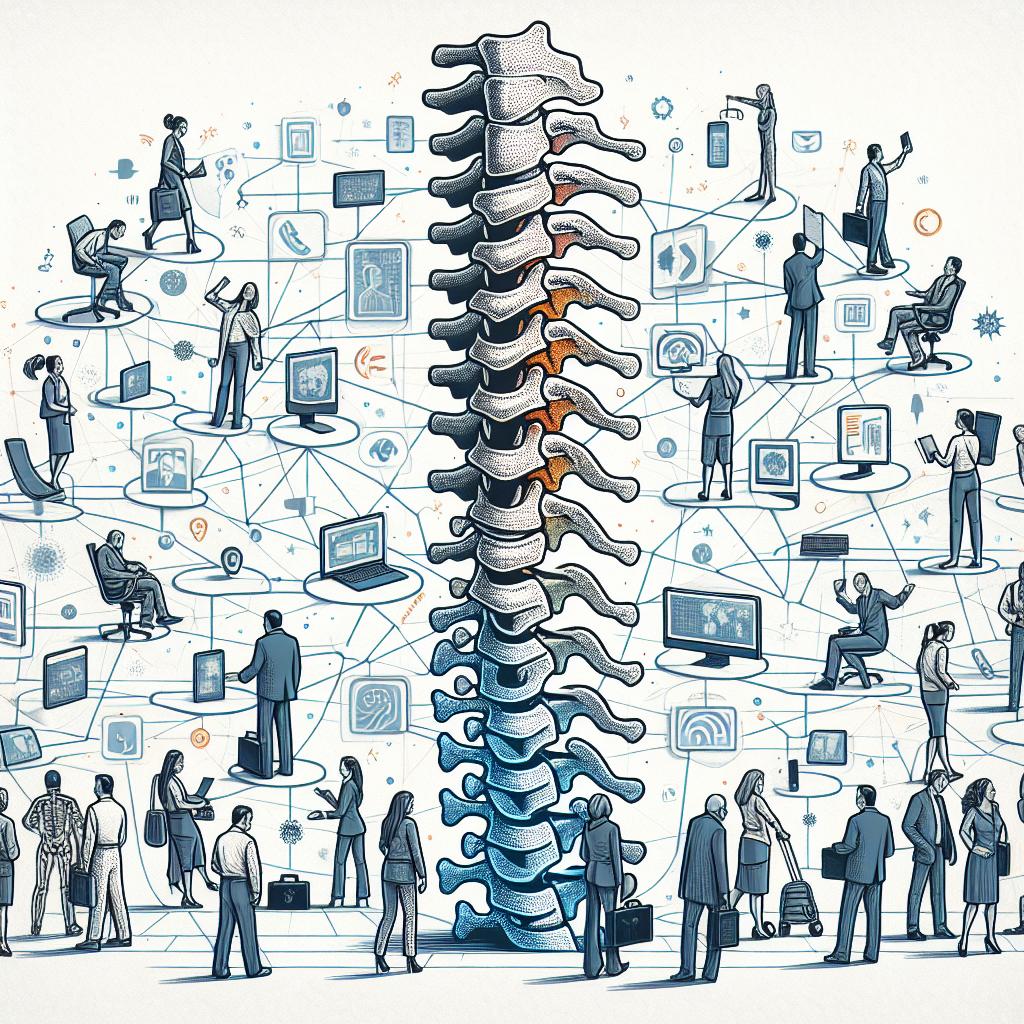 Create a digital, corporate-style illustration capturing the future of remote work, drawn from a 2D linear perspective on a textureless white background. Start with a modern interpretation of the human spine. The spine should symbolize the flexibility of remote work and interconnect different occupations, all of which are engaged in remote and office work. Depict male and female professionals across different racial backgrounds including Caucasian, Hispanic, Black, Middle-Eastern, and South Asian. Interspersed within the spine and symbolizing the technological enablers of remote work, insert images of computers and various mobile devices.
