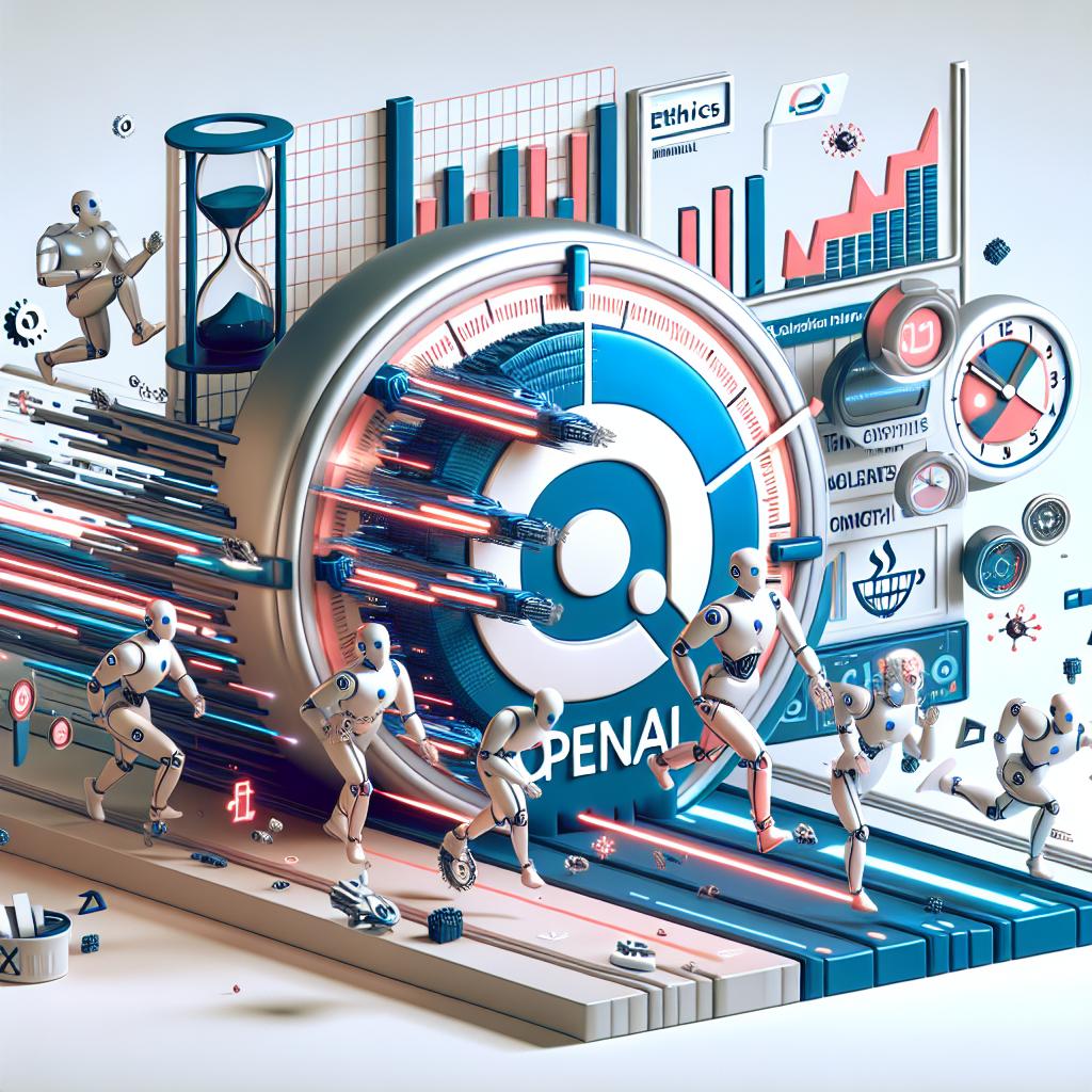Create a 2D vector styled, flat and corporate themed image. The scene should be on a plain, white background, displaying a sense of rush and competition, reflecting the urgency and against-time pressure of the market. At the backdrop, visual representation of the OpenAI logo exists. At the forefront, incorporate elements symbolising technology and innovation. Additional elements to include are: Clock icons, representing the race against time; growth charts, symbolising the need for rising revenues; and Ethics symbols, highlighting concerns over a new military partnership. The elements should all contribute to the visual narrative of the pressure for rapid innovations in artificial intelligence.