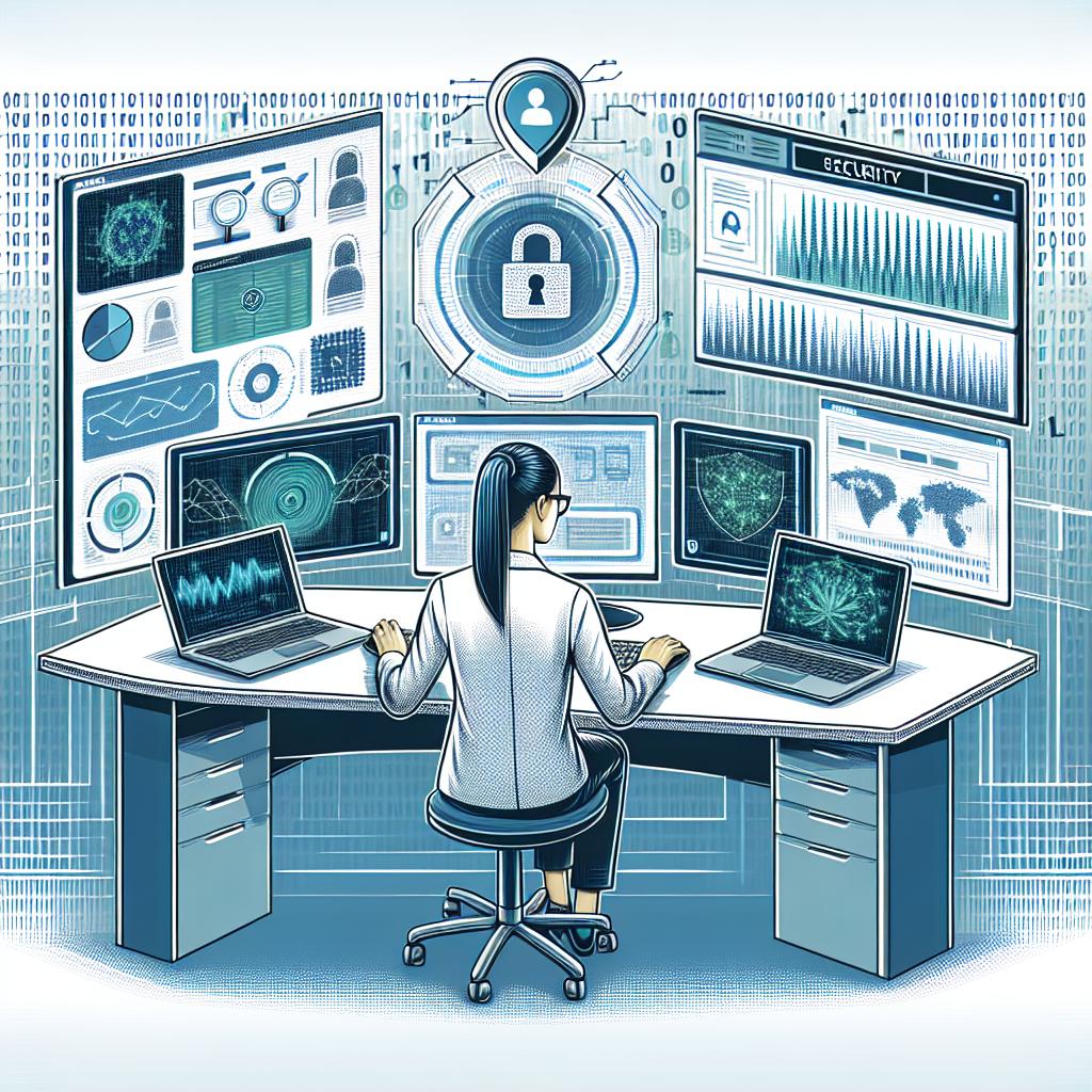 Create a 2D, linear perspective image, in corporate flat vector style showing a cybersecurity professional, who is a South Asian female, operating multiple screens displaying security data and AI graphs. The scene symbolizes the battle against real-time threats. The image background is white and textureless featuring binary code to represent digital infrastructure. Visual elements relating to AI technology are included to stress the significance of this technology in security. The image has predominating shades of blue and green symbolizing trust and technology.