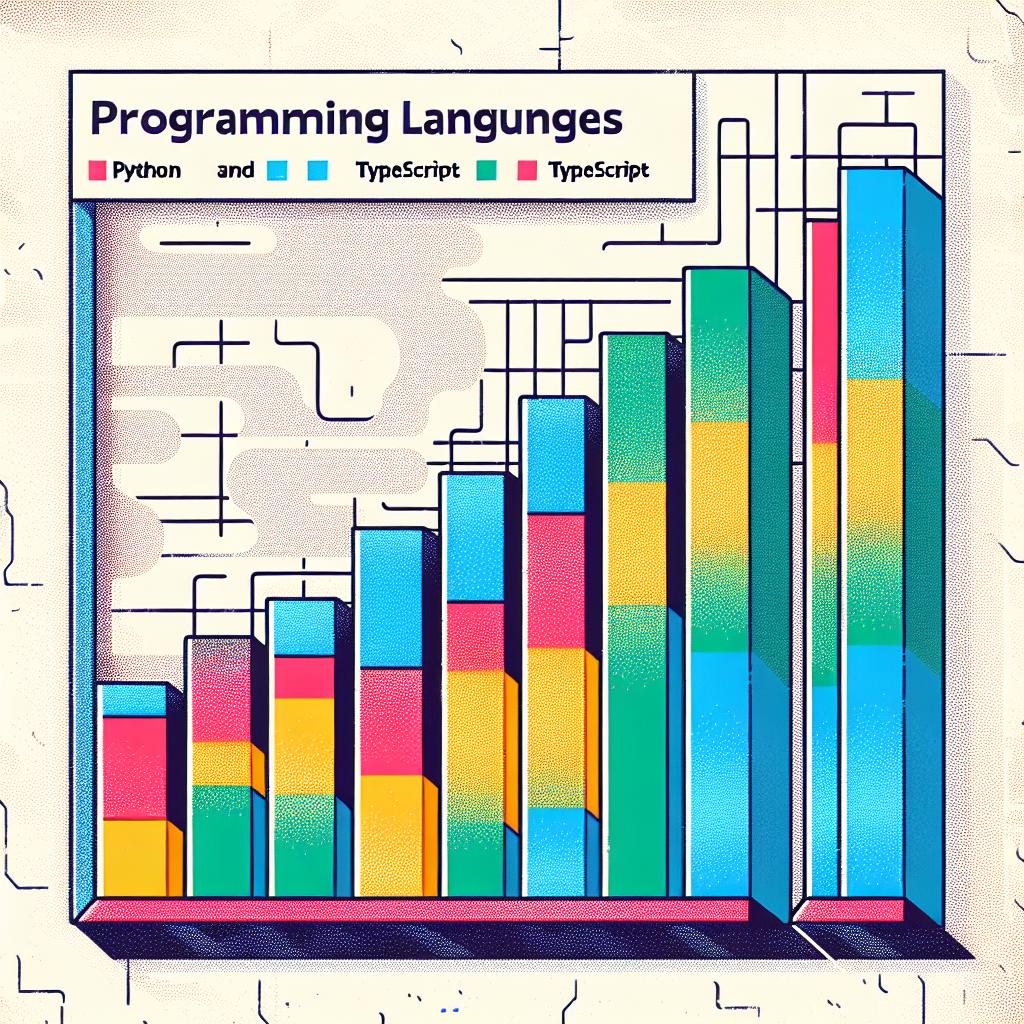 Create a linear 2D image with a flat, vector-like, and corporate style. The image centers on a vividly colored bar chart showing the average salaries of various programming languages, with Python and TypeScript highlighted as the highest paying. The background is textured and white. Please include a title that encapsulates the image's theme and clear captions to aid in understanding the presented data.