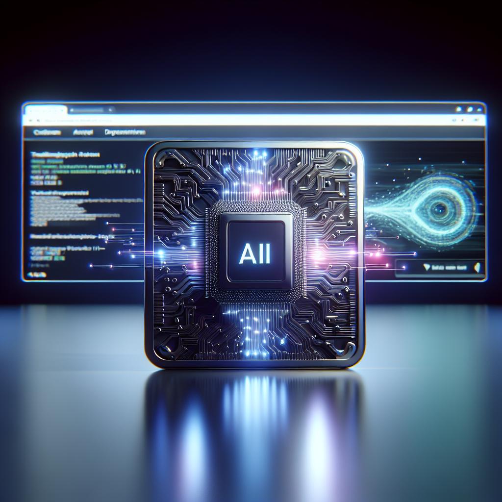 Title: Advances in AI and Data Research. The image should visually represent the innovative partnership of Cerebras Systems and Perplexity AI in challenging traditional search engines with AI-based research results at unmatched speeds. A shiny and modern computer chip, symbolising the innovation and speed of new AI technologies will be the central element. The backdrop should be a search screen displaying moving data graphics. Render the image in a vector-based, flat, and corporate style, appropriate for a 2D, linear perspective. Use metallic and neon colours to convey modernity and innovation. The background should be dynamic, suggesting movement and data processing speed. Keep the foundational setting white and textureless.