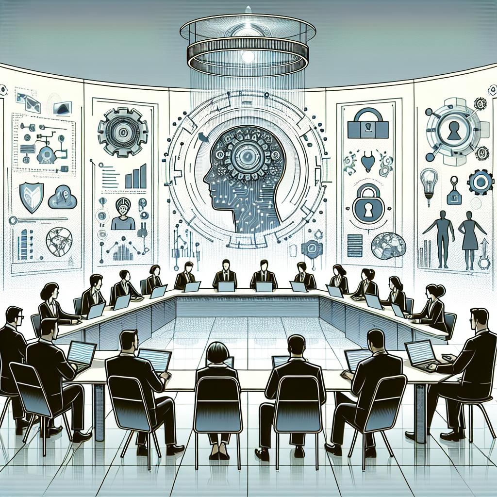 Capture a high-tech environment in a 2D linear perspective with a flat, corporate style reminiscent of early 1900s vector illustrations. The foundation is a modern laboratory populated by cybersecurity specialists of diverse descents and genders engaged actively in discussions. These experts are surrounded by graphics illustrating artificial intelligence research and icons emphasizing digital security. The backdrop is smooth, featureless, and white, symbolic of the clean and uncluttered aesthetic of the technological innovation and security the Laboratory for AI Security Research embodies. The overall effect is a corporate, professional atmosphere radiating urgency and importance.
