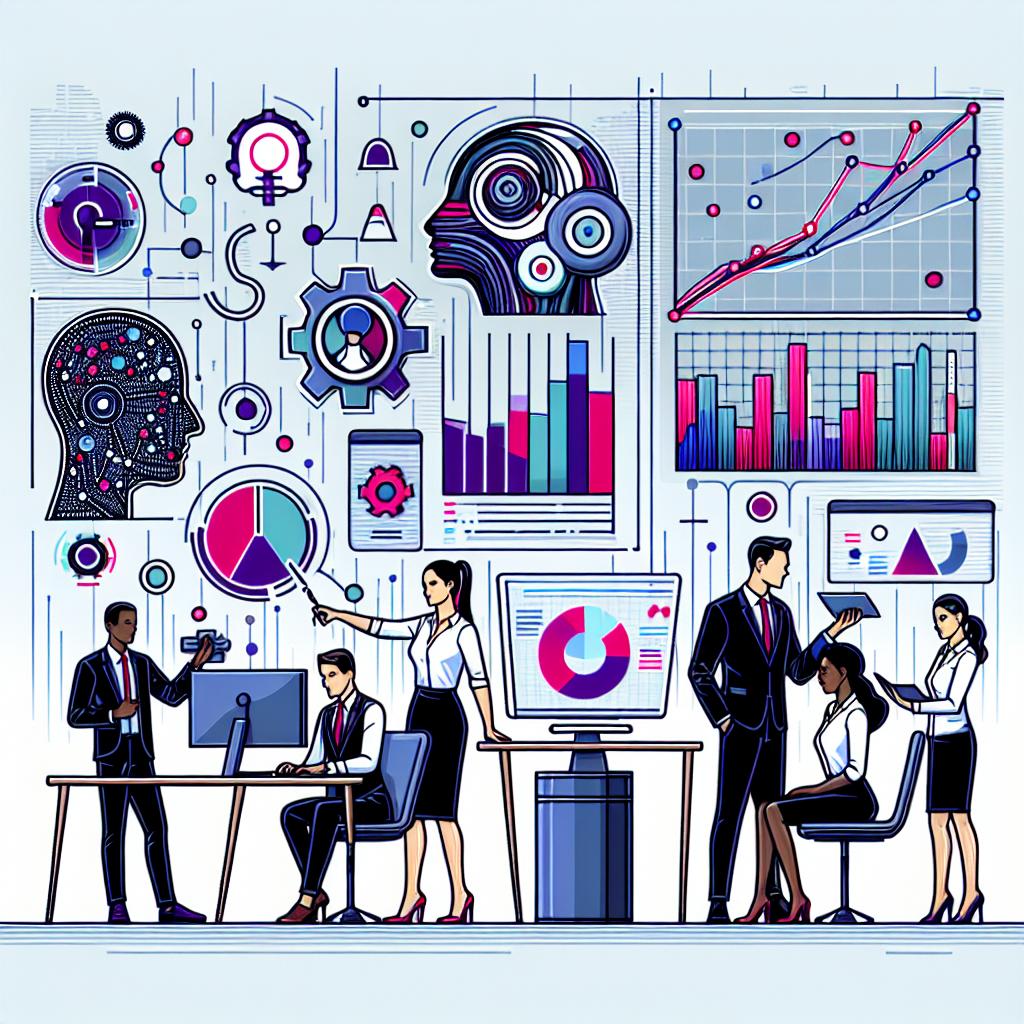 Create a vector-style, corporate-themed image set on a plain white background emphasizing a modern office ambiance. The scene is artistically rendered in a 2D linear perspective. There is a sales team of diverse individuals, a Caucasian man and an Asian woman, actively engaging with an Artificial Intelligence system. A Black woman is analytically scrutinizing the data displayed. All around them, colorful graphs manifest, symbolizing real-time usage of the AI technology. These vibrant visuals represent data analysis outputs, subtly hinting at the innovative and contemporary nature of their work environment.