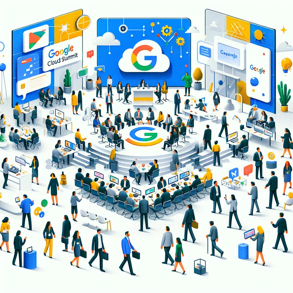 Let's visualize an event from October 8, 2024 during the Google Cloud Startup Summit. Picture a scene straight from the heart of the tech world, where Google is announcing new initiatives, such as the Startup School and the ISV Startup Springboard, all aimed at boosting artificial intelligence startups using the Google Cloud platform. Imagine a vibrant and innovative gathering, with startup leaders and executives collaborating on new AI solutions. This is a 2D, flat style vector image depicting a corporate setting. The background is plain white and textureless. Notable elements include the Google Cloud logo, which is central to the brand's identity, various tech and startup icons which symbolize innovation, and a diverse collection of people representing different descents and gender, interacting and collaborating, epitomizing the cooperative spirit between startups and Google.