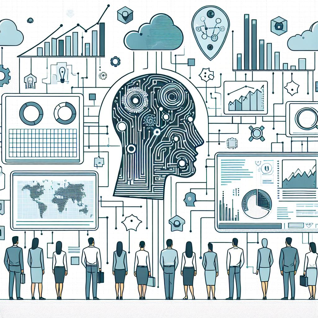 Create a vector-style, flat, corporate 2D image from a linear perspective on a white, texture-less background. The image illustrates the intersection between data and artificial intelligence. It features elements such as data charts representing data analysis, data clouds symbolizing the vast amount of information, and faces of professionals of various descents and genders to portray collaboration in the work environment. These professionals are interacting with digital panels highlighting the use of technology in data management.