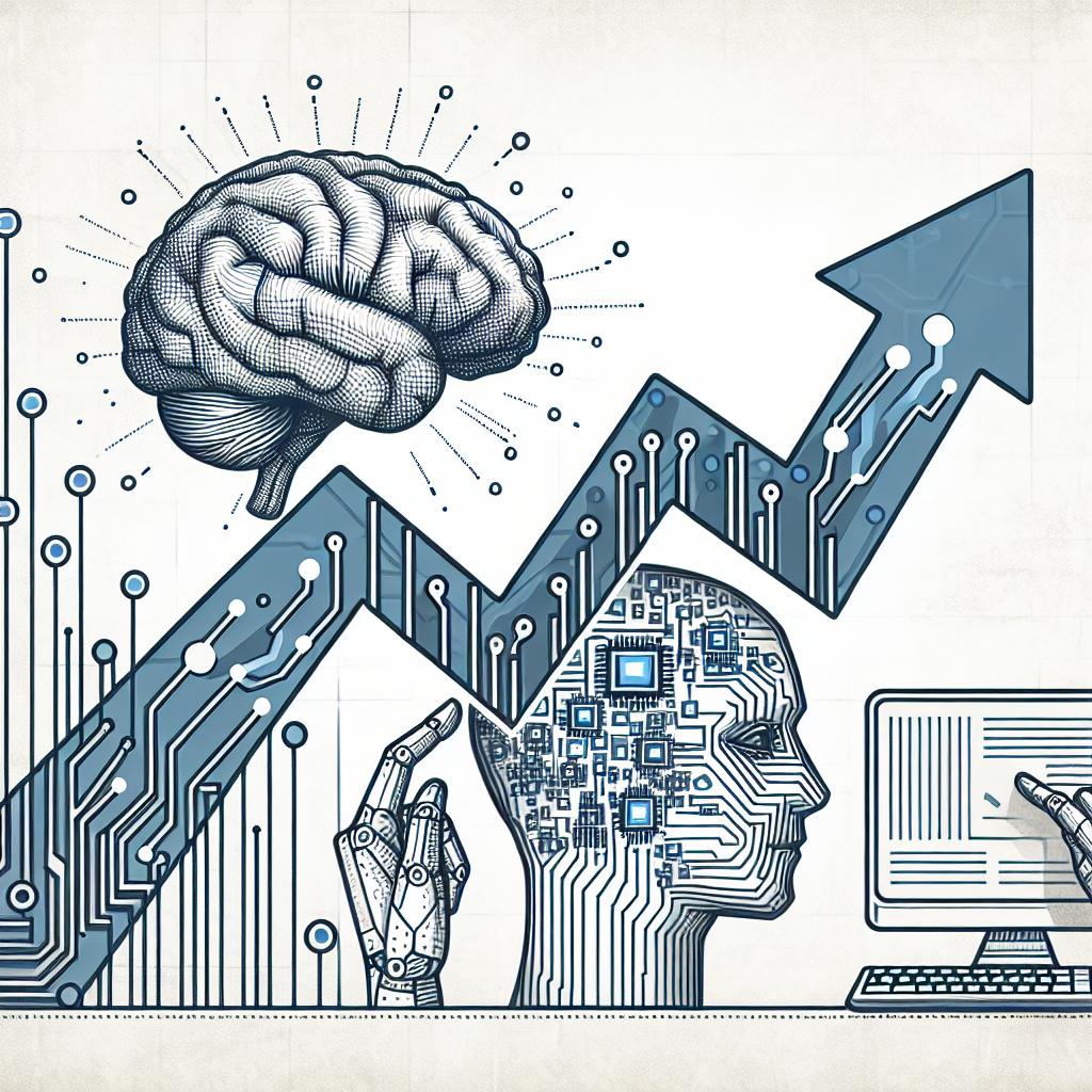 Create a 2D linear vector image with a corporate and flat style. The scene should depict the evolution of artificial intelligence. Present an upward trending graph signaling progress and new technology innovations. Incorporate elements such as computer circuits, indicating the technology behind AI. The main focus should be an artistic representation of a human brain interacting with an artificial one, illustrating the simulation of human reasoning. The background should be white and textureless. Ensure the image is a symbolic representation of the latest training techniques being explored in the AI sector led by companies like OpenAI.
