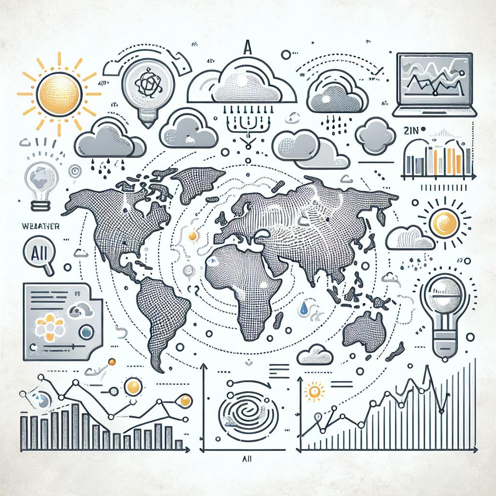 Create a conceptual 2D vector image in a corporate and flat style, laid out upon a white, textureless background. The main focus of the image is the innovative AI-powered weather prediction system, represented through different graphical elements. Include clouds and the sun to symbolize different weather conditions the AI can predict, as well as temperature graphs demonstrating the predictive capabilities of the AI. Add a global map to underpin the worldwide scope of this tool. Please remember to represent all these elements in a linear perspective.