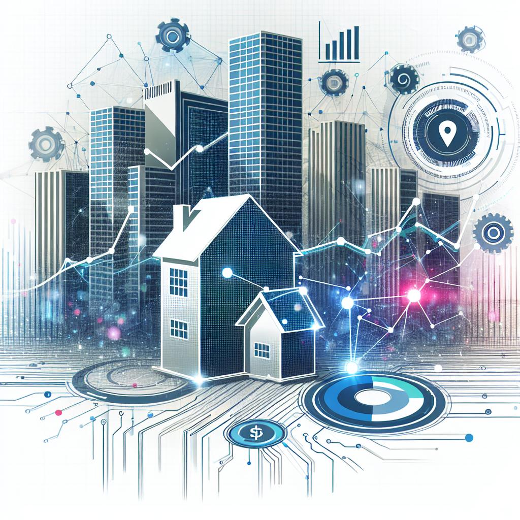 Create a futuristic and modern corporate styled vector illustration in flat 2D design, on a plain white un-textured background. It should represent the merging of technology and real estate, prominently featuring symbols and graphs related to artificial intelligence. The focus is on the transformation in the US housing market due to new payment regulations for real estate agents. The depiction of a house icon symbolizing real estate purchase. There should be trend graphs indicating the growing use of AI in the real estate market. The use of abstract shapes and lines in the drawing resembling futuristic style should suggest innovation and advancement.