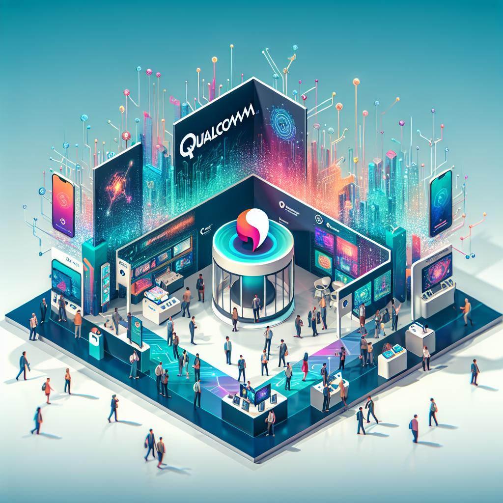 Imagine you're looking at a vibrant and colorful 2D, flat vector art image with strong corporate identity on a flat and white background. It shows Qualcomm's booth at the technological event, CES 2025 held in Las Vegas. The booth stands out with a banner displaying Qualcomm's logo, symbolizing the brand's identity. There are innovative smart devices scattered around the booth demonstrating the capabilities of the new Snapdragon chips and AI technologies. Various people are interacting with these devices, signifying public engagement. There are real-time demonstrations happening around the booth showing the transformative potential of AI.
