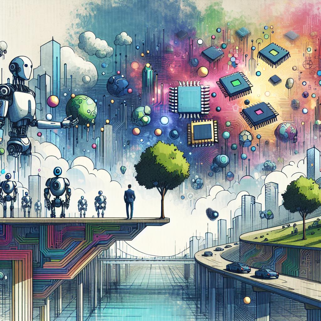 Imagine an illustrative, 2D, linear scene in a corporate, flat vectorial style on a white, textureless background. Capture a futuristic landscape teeming with elements symbolic of Artificial Intelligence (AI). Robots interact with virtual environments, epitomising AI's profound future impact on everyday life. Hardware chips are interspersed within the scenario to emphasize their integral role in AI. Abstract worlds merge within the landscape to symbolize new forms of interaction, painted in futuristic colors that convey the spirit of innovation and technology. A mixed scenery, a blend of urban and natural elements, mirrors the notion that AI will be seamlessly woven into daily life by 2025.