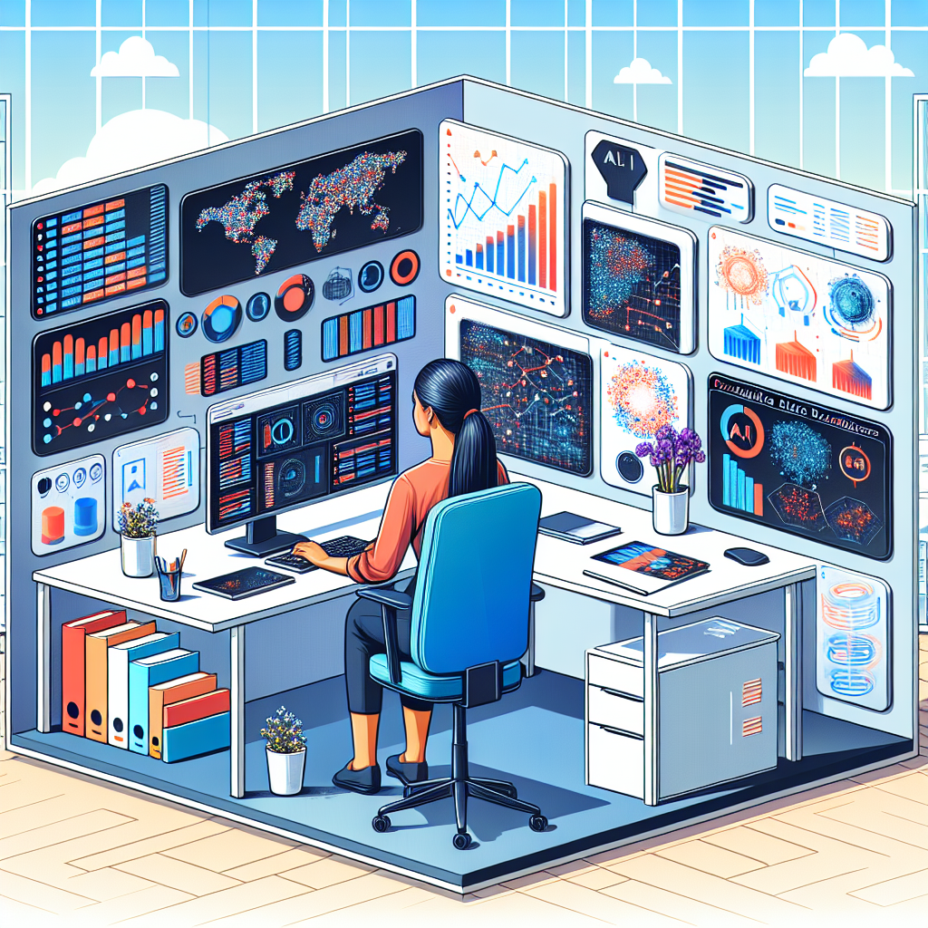 A 2D linear perspective Vector, Flat, Corporate-style illustration without any specific artist influence. The scene is set in a modern office environment that reflects the current work scenario in technology. It features a Middle-Eastern, female developer working at her desk, surrounded by vibrant colored data charts and AI icons symbolizing the role of scalable databases in AI-driven applications and how these technologies are shaping the future of data management in an increasingly complex environment demanding efficiency. The backdrop features a screen showcasing real-time data visualization, further emphasizing the integration of databases and artificial intelligence. The background is white and textureless, ensuring the focus remains on the central scene.