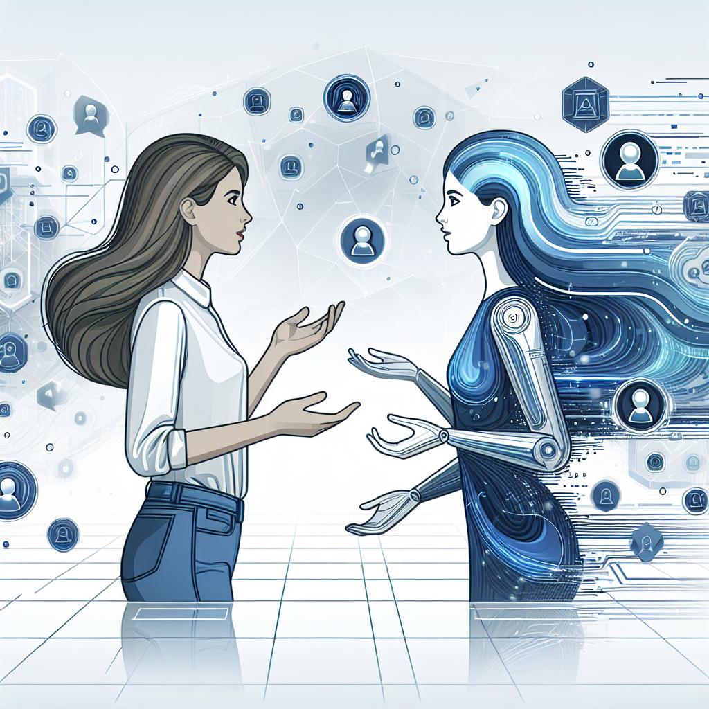 Create a 2D, linear perspective illustration, in a Flat, corporate style, with a futuristic theme set against a plain white background without texture. The image should depict a young Caucasian woman conversing with an older version of herself in a high-tech environment, embodying the dialogue between the past and the future. Surround them with floating silver and blue icons of Artificial Intelligence, signifying the presence of the AI. Utilize a color palette primarily comprising of shades of blue and silver as they symbolize innovation and technology.