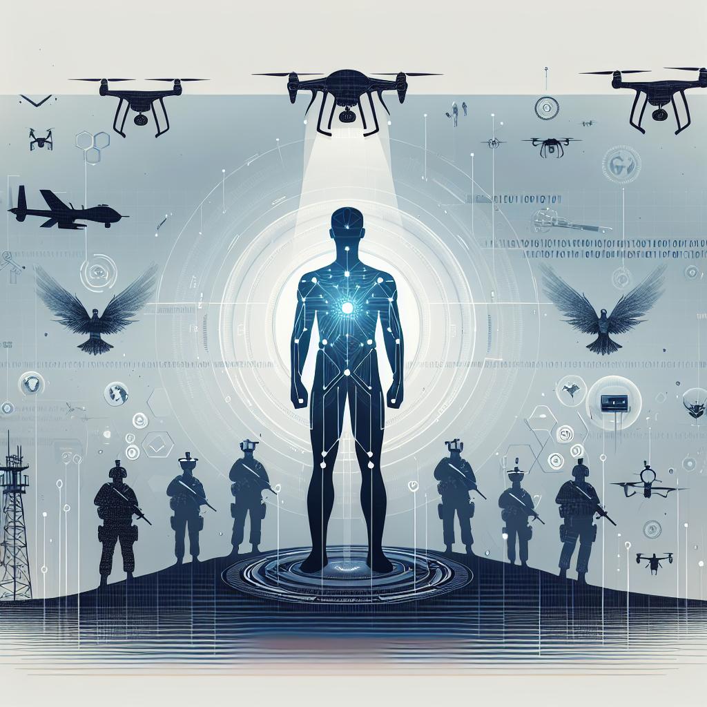 An image in a corporate flat-style artwork featuring a visionary man with a slim physique in a futuristic setting, surrounded by drones and augmented reality technologies representing the intersection between military technology and innovation. The backdrop is plain and white. It's designed in a 2D, linear perspective. Drones signify the new era of defense and security. Augmented reality headsets hint at the proposed innovation. Illuminated technologic equipment in a nighttime scene to evoke a sense of futurism and innovation. Silhouettes of soldiers represent the direct application of the mentioned technologies. Binary code scattered in the background symbolizes technology and AI.
